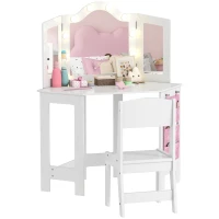 AIYAPLAY Kids Dressing Table and Stool Set, Girls Vanity Table with 2-Colour LED Lights, Tri-Folding Mirror, White(m-11)