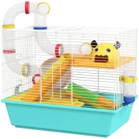 PawHut Gabbia per Criceti con Ruota, Casetta, Ciotola, Rampe e Serbatoio, in Acciaio, PS e PP, 45x28x37 cm, Bianco e Azzurro(m-11)