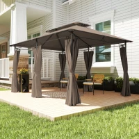Outsunny Tonnelle de jardin extérieur pavillon 6 colonnes double toit 12 oeillets de drainage en métal 3x4m kaki(m-9)