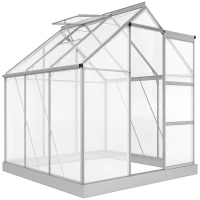 Outsunny 6 x 6ft Walk-In Greenhouse, Polycarbonate Greenhouse with Sliding Door, Window, Aluminium Frame, Foundation, Silver(m-1)
