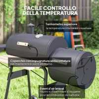 Outsunny Barbecue a Carbone con Coperchio e Affumicatore, BBQ da Giardino con Ripiani e Ruote 124x53x104 cm, Nero(m-10)