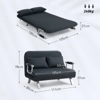 HOMCOM Schlafsofa, 5-fach verstellbar, Wildlederimitat, Stahlrahmen, inkl. Kissen, Schwarz(m-3)