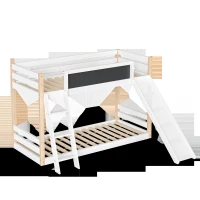 Modern High Sleeper Bunk Bed Frame with Slide and Storage Stairs, Solid Wooden Childrens Loft Bed with Safety Guardrails, 194L x 124W x 148H cm, White(m-10)