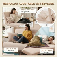 HOMCOM Sofá Cama Convertible 4 en 1 2 Plazas Plegable con Respaldo Ajustable, Almohadas, 102x73x81 cm, Beige Claro(m-5)
