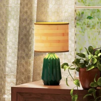 HOMCOM Lámpara de Mesa con Base de Cerámica y Pantalla de Lino Estilo Retro para Dormitorio 40W Verde y Madera Natural(m-10)