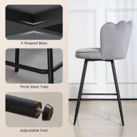HOMCOM Set of Two Velvet-Feel Lotus Bar Stools - Grey(m-6)