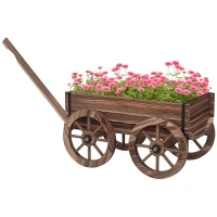 Outsunny Chariot à fleurs en bois avec roues et poignée, bac à fleurs, brouette avec trous de drainage, 120 x 41 x 54 cm, marron(m-11)
