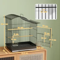 PawHut Cușcă pentru Păsări cu 4 Accesuri, 2 Boluri, 2 Stinghii și Tavă Detașabilă, Volieră din Metal și Plastic, 47,5x36x54,5 cm, Negru(m-3)