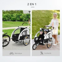 HOMCOM Remolque de Bicicleta para Niños de 2 Plazas con Amortiguadores y Barra 142x85x105 cm Blanco(m-7)