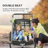 HOMCOM Child Bike Trailer 2 In 1 Baby Stroller 2 Seater Transport Carrier with Hitch Coupler, Brake, 5 Point Harness, Storage Bag, Reflector, Flag, Green(m-5)