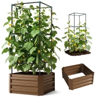 Outsunny Hochbeet mit Rankgitter Pflankasten mit Rankhilfe, offener Boden, wetterbeständig, 61 cm x 61 cm x 140 cm, Braun(m-11)