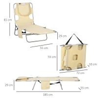 Outsunny Foldable Sun Lounger, Beach Chaise Lounge with Reading Hole, Arm Slots, 5-Position Adjustable Backrest, Side Pocket, Pillow for Garden, Beach, Camping, Beige(m-3)