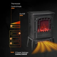 HOMCOM Electric Fireplace Stove Freestanding Log Burner, 1000W/2000W, Portable Electric Fire Fan Heater with LED Flame Effect, Adjustable Thermostat, Overheat Protection, Black(m-5)