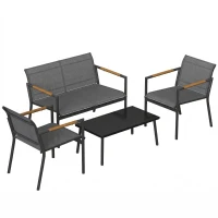 Outsunny 4 Seater Garden Furniture Set with Loveseat, Armchairs, Table, Metal Garden Sofa Set with Breathable Seats, Grey(m-1)