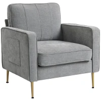 HOMCOM Fauteuil en tissu avec pieds en acier doré, grand confort, pochettes latérales, pour salon, bureau, chambre, gris(m-12)