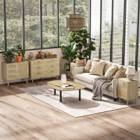 HOMCOM Cómoda para Dormitorio con 6 Cajones con Frontal de Ratán Patas de Madera Cajonera Estilo Bohemio 110x40x75 cm Roble(m-13)