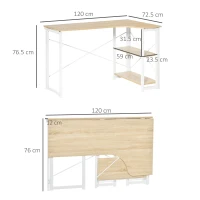 HOMCOM Folding Desk, L Shaped Desk, Corner Computer Desk with 2-Tier Storage Shelf for Home Office, Study Room, Workstation, Easy Assembly, 120 x 72.5 x 76.5cm, Oak Tone(m-3)