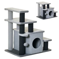PawHut Adjustable Cat Steps, with House & Hanging Toy Ball - Grey(m-1)