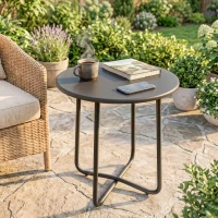 Outsunny 48 cm Round Garden Side Table, Small Metal Outdoor Garden Table with Rolled Edge, Dark Grey(m-10)