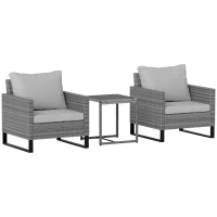 Outsunny 3 Pieces Rattan Bistro Set with 4 Cushions, Wicker Garden Furniture Set, Glass Top Coffee Table and Chairs for Outdoor Patio, Balcony, Terrace and Conservatory, Grey(m-11)