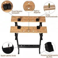 HOMCOM Banc de Lucru Pliabil cu 4 Menghine, Riglă și Unghiometru, Capacitate 150 kg, Negru și Lemn(m-6)