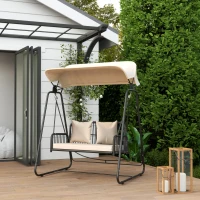 Outsunny Hollywoodschaukel Rattan 2-Sitzer Gartenschaukel mit Sonnendach Kissen bis 240 kg 149 x 121 x 180 cm Khaki(m-2)
