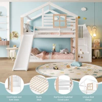 Modern Minimalist Kids Bunk Bed with Slide and Storage Stairs, Solid Wood House Bed for Siblings and Sleepovers, 194L x 90W x 206H cm, White(m-4)