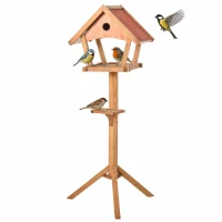 PawHut Comedero para Pájaros de Pie de Madera Maciza 49x45x139 cm con Techo Asfáltico Alimentador de Aves Silvestres para Exterior Jardín Natural(m-1)