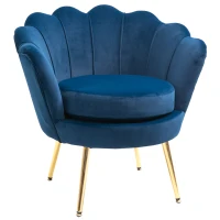HOMCOM Fauteuil salon fauteuil en velours fauteuil coquillage avec pieds en métal doré pour chambre à coucher, bleu(m-12)