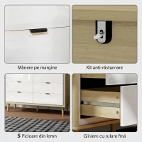 HOMCOM Comodă cu 6 Sertare din Lemn pentru Dormitor, 110x40x75 cm, Alb Lucios și Stejar(m-6)