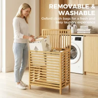 HOMCOM Bamboo Laundry Basket with Lid, 2 Baskets, Foldable, 64L, Natural and Cream White(m-6)