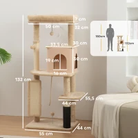 PawHut Albero per Gatti Multilivello Alto 132 cm con Casetta, Lettino, Pali Tiragraffi, Spazzola e Pallina, Beige(m-14)