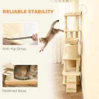 PawHut 170 cm Large Cat Tree, Cat Tower with 7 Scratching Posts, Tunnel, 2 Condos, Hammock, Perch, Ramp, Pompoms, Beige(m-9)
