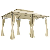 Outsunny Cenador de Jardín de 4x3 m con Doble Techo Paredes Laterales Resistente al Agua para Exterior Terraza Beige(m-1)