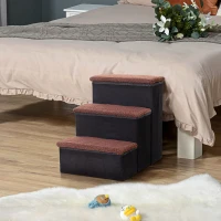 PawHut Escalera para Mascotas de 3 Peldaños Plegable con Tapas Abatibles y Espacio de Almacenamiento 3 Escalones de Perros Gatos Pequeños de Vellón Bereber para Cama Sofá 40x54x48 cm Negro(m-10)