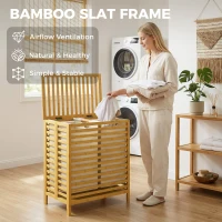 HOMCOM Bamboo Laundry Basket with Lid, 2 Baskets, Foldable, 64L, Natural and Cream White(m-7)