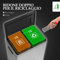 HOMCOM Bidone Immondizia a 2 Sezioni da 15L a Pedale con Coperchio Silenzioso, in Acciaio Inox e PP, 40x34.8x47.5 cm(m-4)