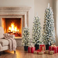 HOMCOM Prelit Snowy Flocked Artificial Christmas Tree Set of 3, Slim Xmas Tree with PVC Tips, 3FT+4FT+5FT(m-9)
