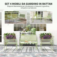 Outsunny Salotto da Esterno in Rattan PE con Divanetto, 2 Poltroncine e Tavolino con Piano in Vetro, Verde(m-4)