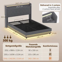 HOMCOM Bettgestell 140 x 200 cm mit Kopf- und Fußteil, Plattformbett mit hydraulischem Stauraum, LED-Lichtern(m-3)