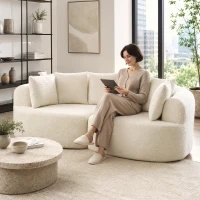 HOMCOM Canapea 3 locuri curbată din chenille 188 cm, canapea pentru living cu șezut adânc, 6 perne, umplutură groasă, crem(m-5)
