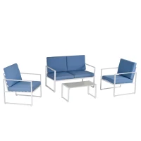 Outsunny Salotto da Giardino, Divano da Giardino, Set Mobili da Esterno con Poltrona da Giardino in Metallo e Poliestere, Bianco e Blu(m-11)
