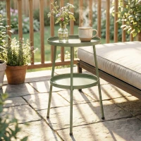Outsunny Patio Side Table, 2-Tier Round Coffee End Table for Garden Balcony Living Room Bedroom, Light Green(m-10)
