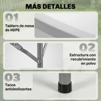 Outsunny Mesa Auxiliar Redonda Mesa de Jardín Plegable con Marco de Acero y Encimera de HDPE Carga 80 kg Ø122x73 cm Blanco(m-6)
