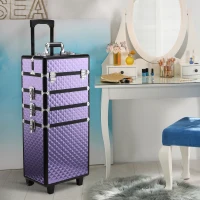 HOMCOM Maletín de Maquillaje Profesional con Ruedas Universales Distintos Niveles Asa Extensible Maletín Maquillaje Trolley Aleación de Aluminio 33.5x23x76/95.5 cm Violeta(m-10)