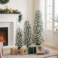 HOMCOM Prelit Snowy Flocked Artificial Christmas Tree Set of 3, Slim Xmas Tree with PVC Tips, 3FT+4FT+5FT(m-14)