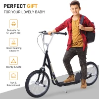 HOMCOM Stunt Scooter, Kids Scooter with 16" Big Wheels, Adjustable Height, Dual Brakes, for Ages 5+ Years, Black(m-6)