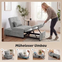 HOMCOM 4-in-1 Klappsessel mit Seitentasche, Gästebett mit Kissen, Verstellbarer Rückenlehne, Bettsessel mit Rollen, Hellgrau(m-4)