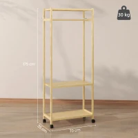 HOMCOM Stand Appendiabiti da Terra con Barra, Ripiani e 4 Ruote in Bambù, 70x35x175 cm, Legno Naturale(m-3)