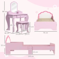 ZONEKIZ Wooden Kids Bedroom Furniture Set with Kids Dressing Table, Stool, Bed, for 3-6 Years, Cloud-Design(m-3)